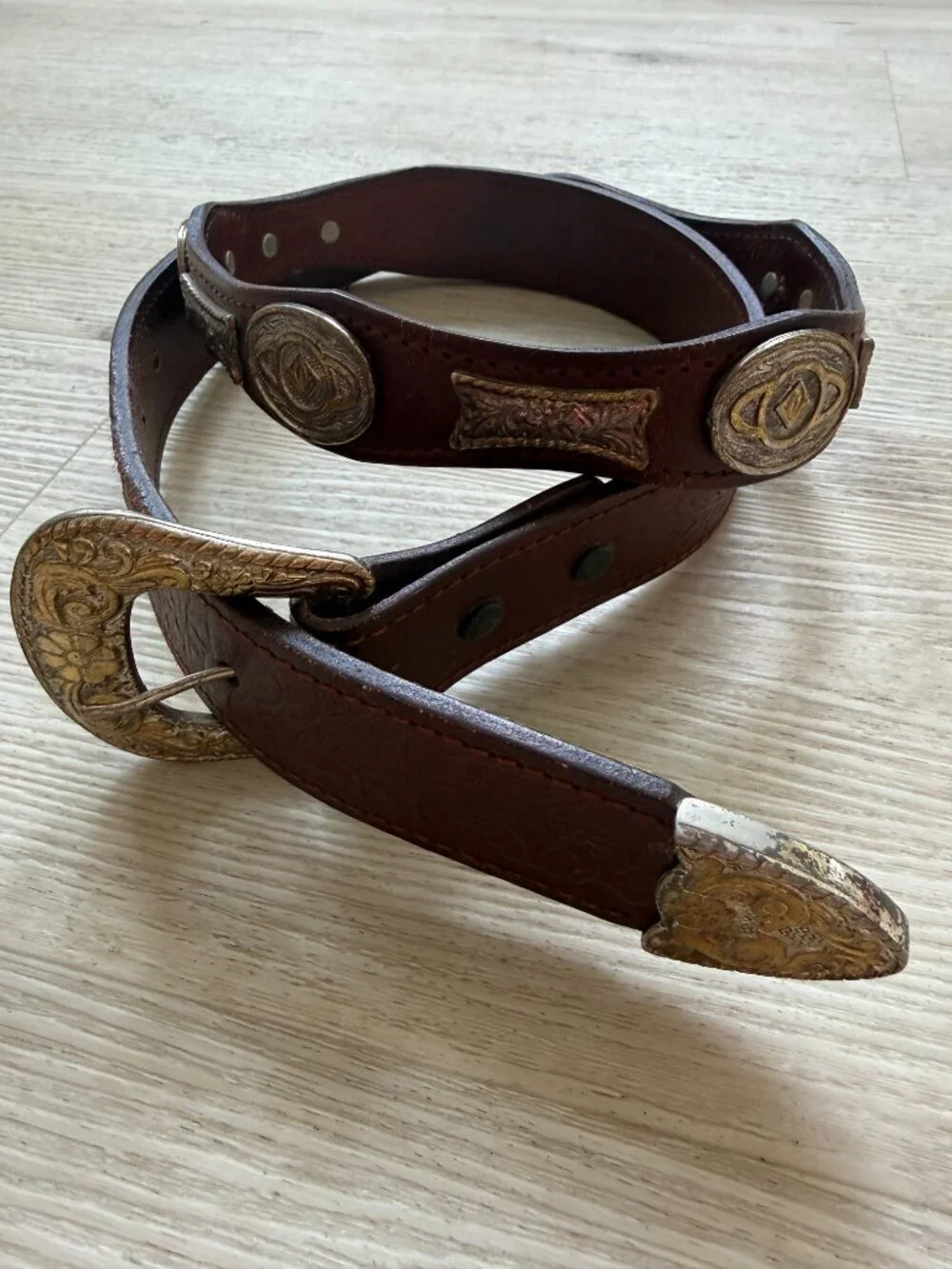 Vintage Western Leather Belt Silver Concho Tooled Brown Cowboy Size 40